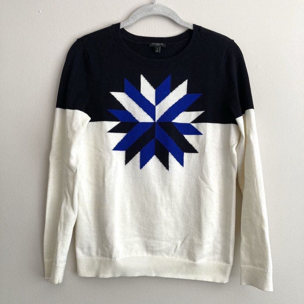 Talbots Petite Womens Colorblock Cream Star Merino Wool Blend Sweater Size P